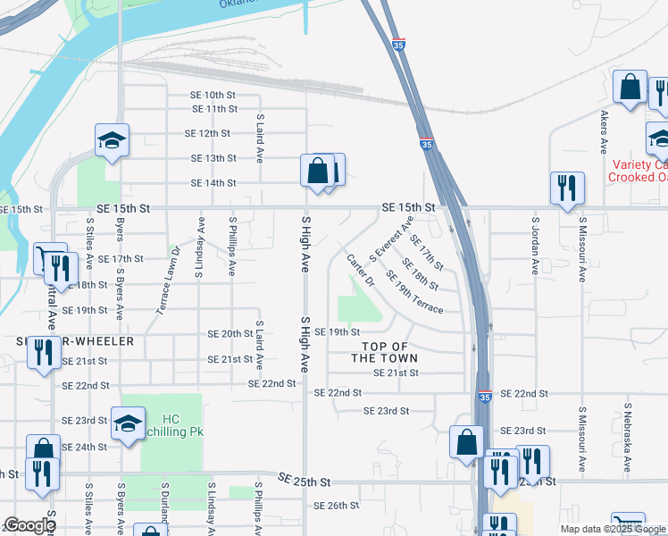map of restaurants, bars, coffee shops, grocery stores, and more near 1774 South High Avenue in Oklahoma City