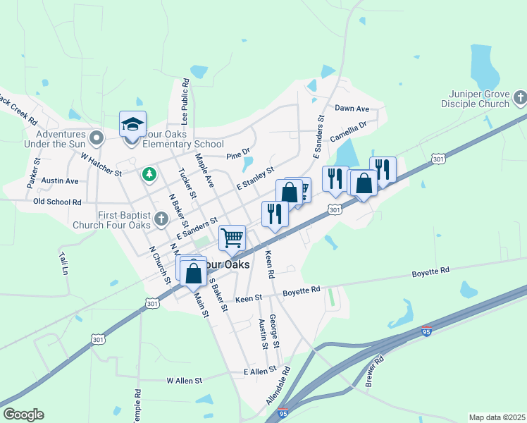 map of restaurants, bars, coffee shops, grocery stores, and more near 503 East North Railroad Street in Four Oaks