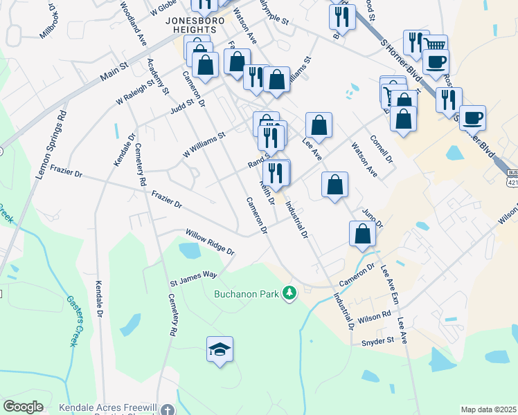 map of restaurants, bars, coffee shops, grocery stores, and more near 2931 Cameron Drive in Sanford