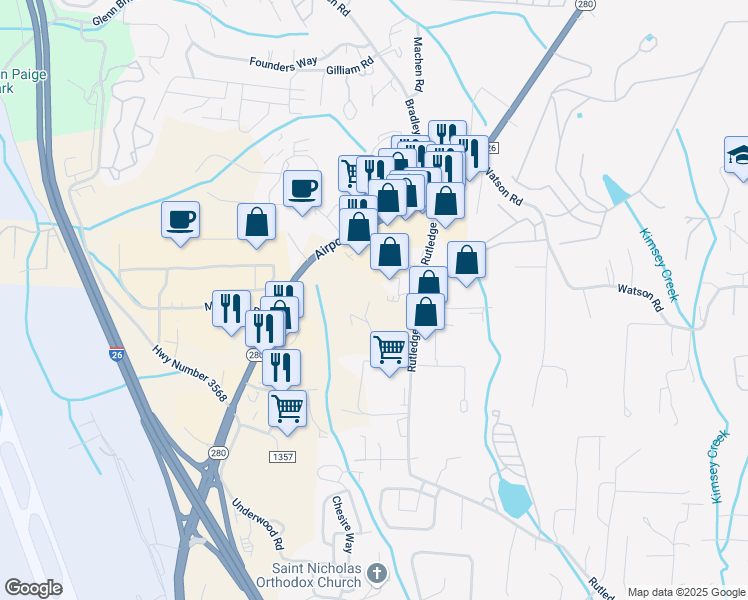 map of restaurants, bars, coffee shops, grocery stores, and more near 19 Branks Drive in Fletcher
