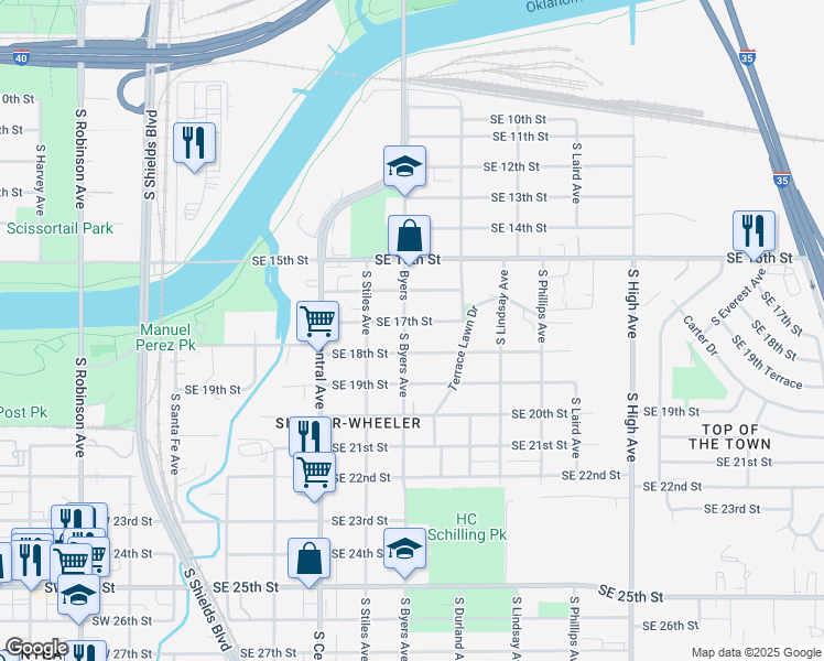 map of restaurants, bars, coffee shops, grocery stores, and more near 504 Southeast 17th Street in Oklahoma City