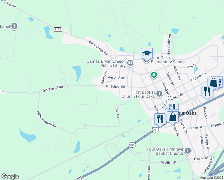 map of restaurants, bars, coffee shops, grocery stores, and more near 851 Old School Road in Four Oaks