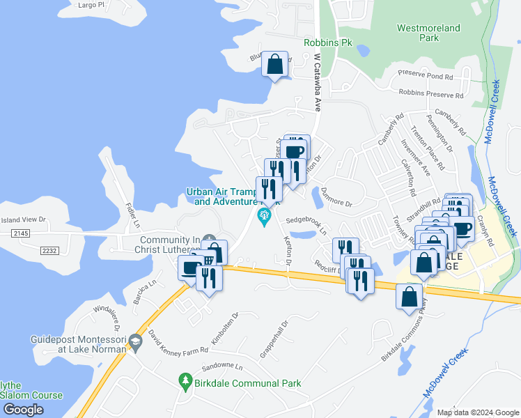 map of restaurants, bars, coffee shops, grocery stores, and more near 16930 West Catawba Avenue in Cornelius
