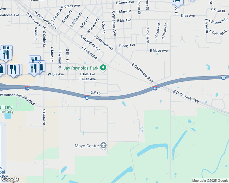 map of restaurants, bars, coffee shops, grocery stores, and more near 5 East Interstate Circle in Sallisaw