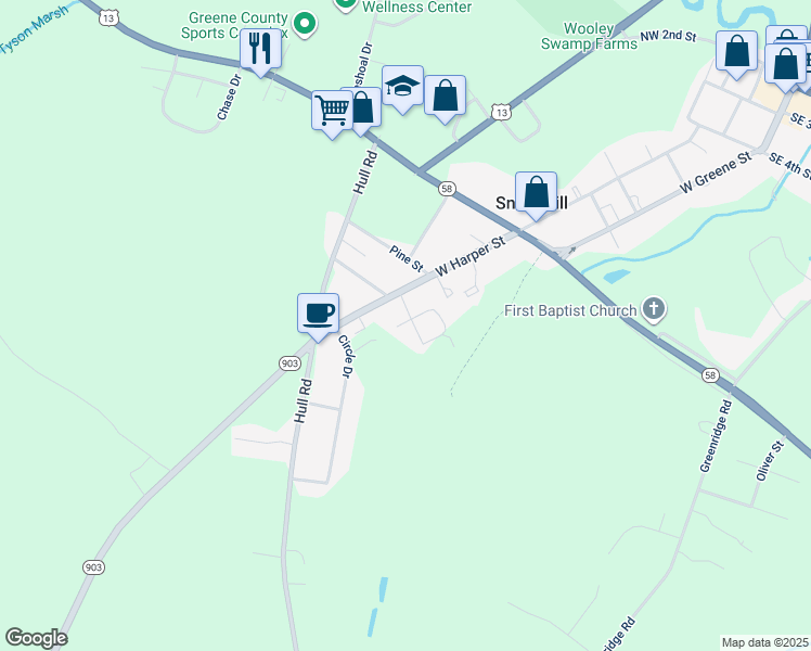 map of restaurants, bars, coffee shops, grocery stores, and more near 802 Welch Street in Snow Hill