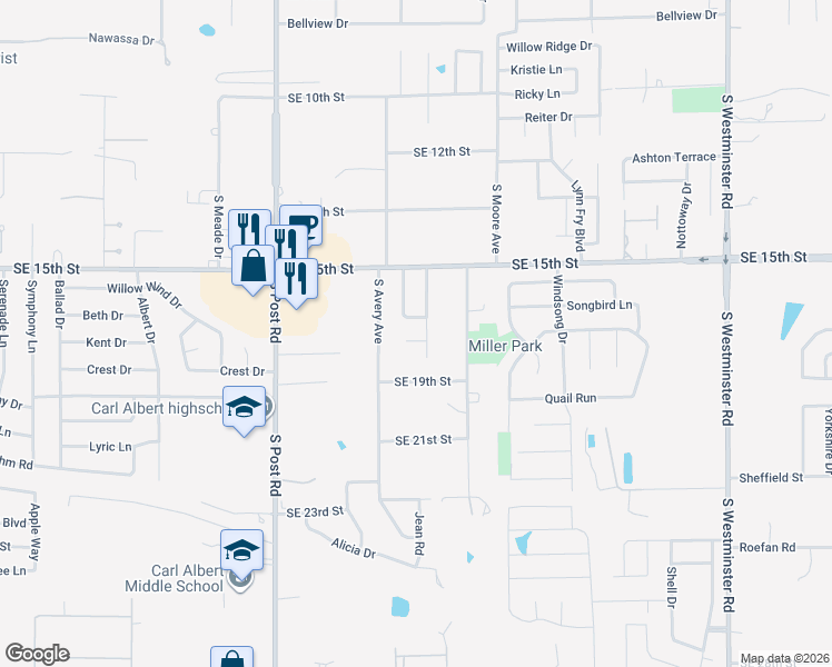 map of restaurants, bars, coffee shops, grocery stores, and more near 1717 Shannon Drive in Midwest City