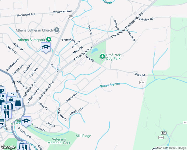 map of restaurants, bars, coffee shops, grocery stores, and more near 916 Apple Street in Athens