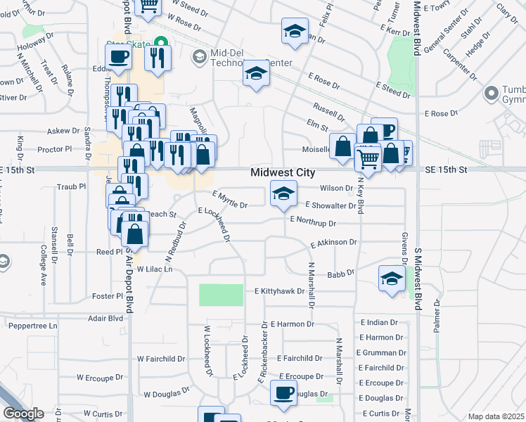 map of restaurants, bars, coffee shops, grocery stores, and more near 1101 North Myrtle Lane in Midwest City
