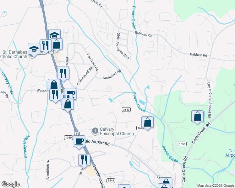 map of restaurants, bars, coffee shops, grocery stores, and more near 140 White Oak Extension in Arden