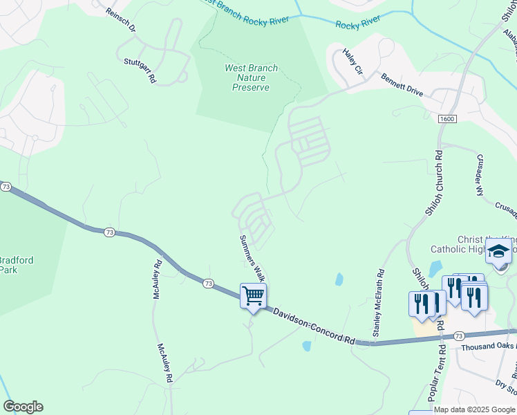 map of restaurants, bars, coffee shops, grocery stores, and more near 17044 Summers Walk Boulevard in Davidson