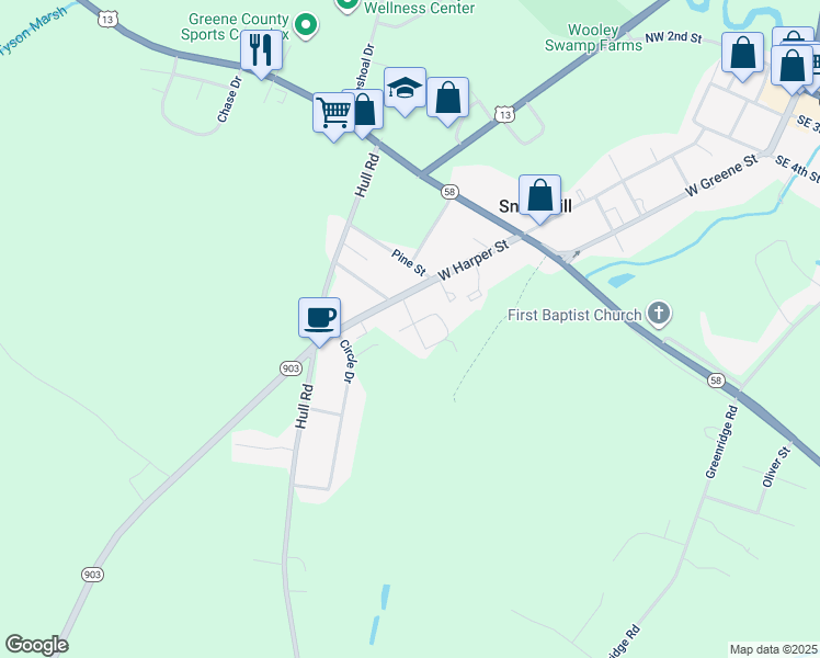 map of restaurants, bars, coffee shops, grocery stores, and more near 802 Welch Street in Snow Hill