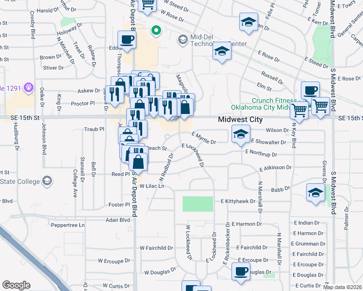map of restaurants, bars, coffee shops, grocery stores, and more near 106 West Myrtle Drive in Midwest City