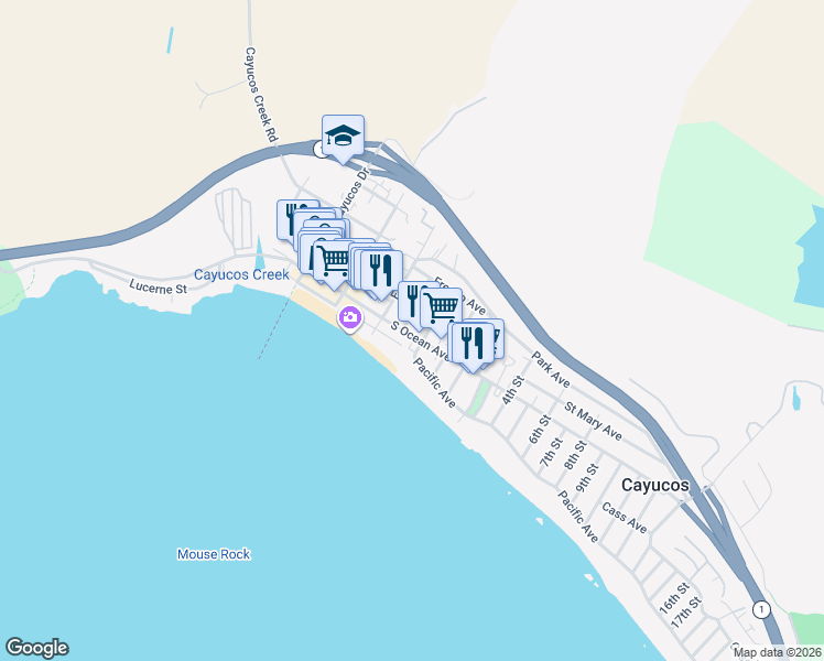 map of restaurants, bars, coffee shops, grocery stores, and more near 32 Saint Mary Avenue in Cayucos