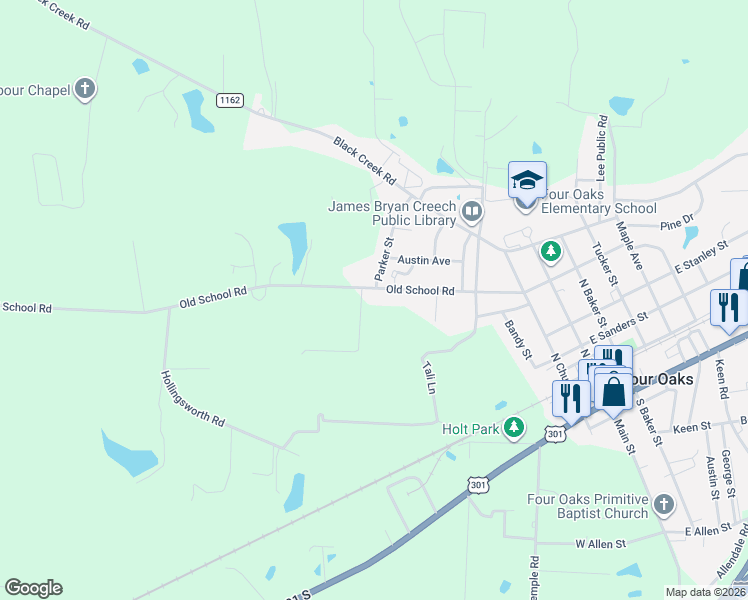map of restaurants, bars, coffee shops, grocery stores, and more near 122 Parker Street in Four Oaks