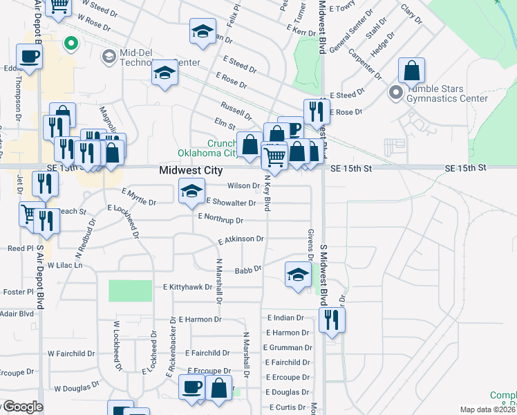 map of restaurants, bars, coffee shops, grocery stores, and more near 443 East Showalter Drive in Midwest City