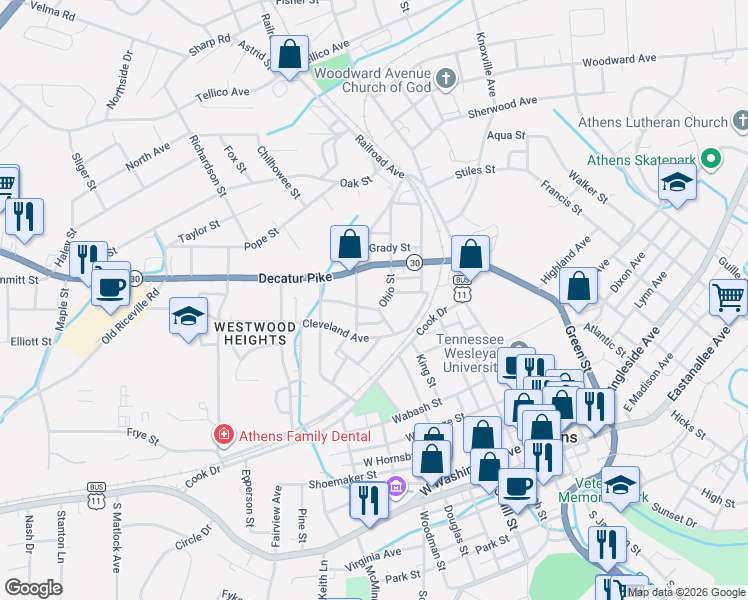 map of restaurants, bars, coffee shops, grocery stores, and more near 554-572 Ohio Ave in Athens