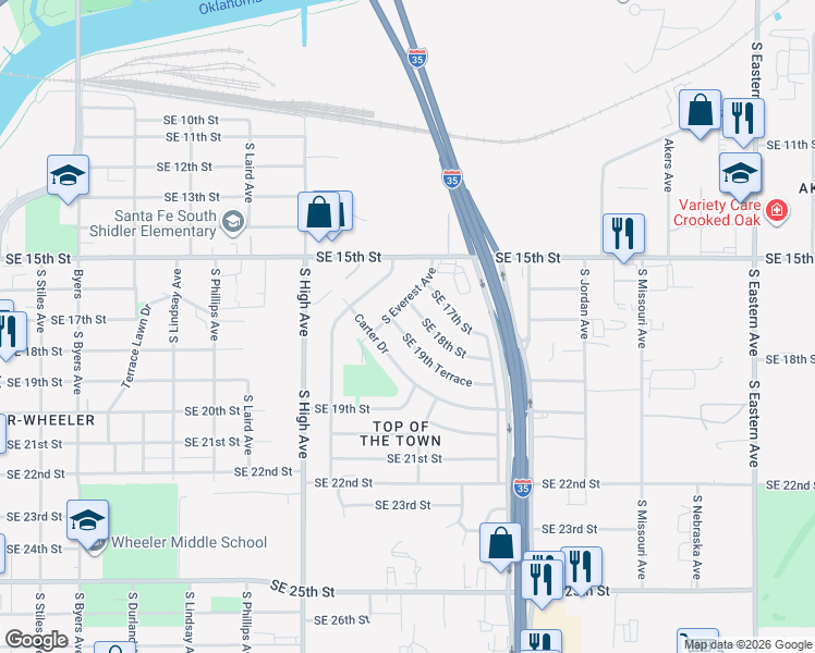 map of restaurants, bars, coffee shops, grocery stores, and more near 1910 South Everest Avenue in Oklahoma City