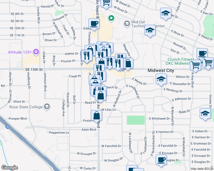 map of restaurants, bars, coffee shops, grocery stores, and more near 311 West Peach Street in Midwest City