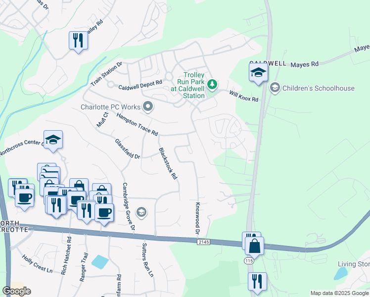 map of restaurants, bars, coffee shops, grocery stores, and more near 10645 Castlehill Drive in Huntersville