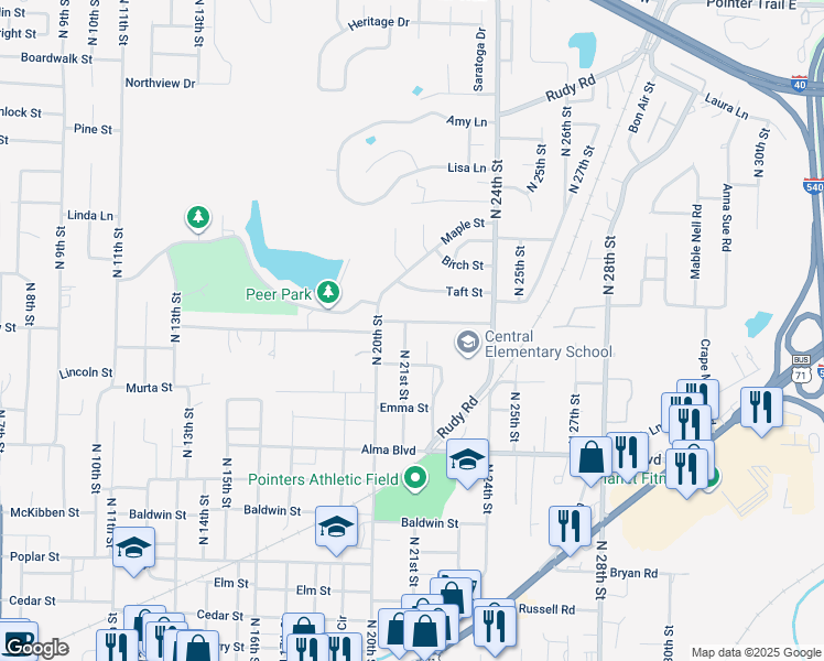 map of restaurants, bars, coffee shops, grocery stores, and more near 2106 Woodrow Street in Van Buren