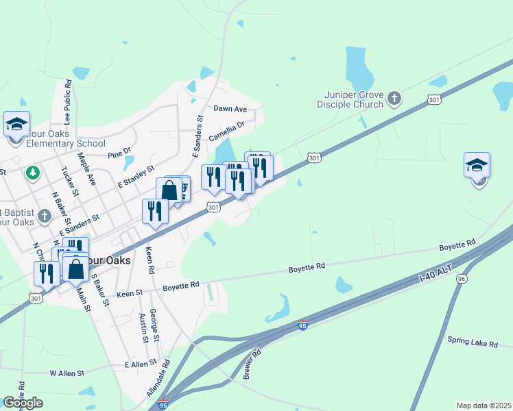 map of restaurants, bars, coffee shops, grocery stores, and more near in Four Oaks