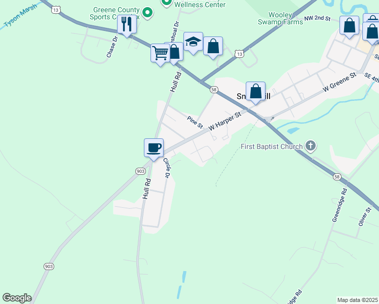 map of restaurants, bars, coffee shops, grocery stores, and more near 803 Welch Street in Snow Hill
