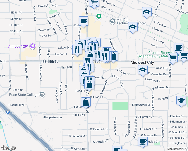 map of restaurants, bars, coffee shops, grocery stores, and more near 1704 South Air Depot Boulevard in Midwest City