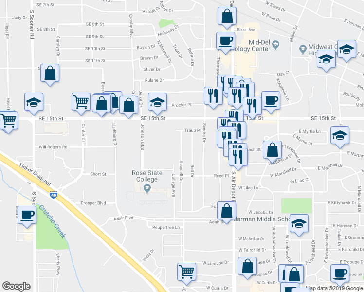 map of restaurants, bars, coffee shops, grocery stores, and more near 1200 Stansell Drive in Midwest City