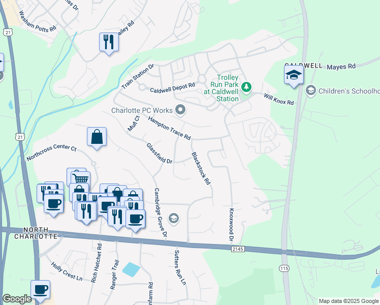 map of restaurants, bars, coffee shops, grocery stores, and more near 10214 Blackstock Road in Huntersville
