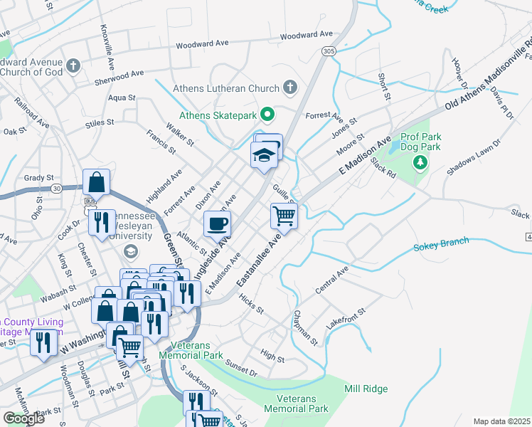 map of restaurants, bars, coffee shops, grocery stores, and more near 13 Walcon Lane in Athens