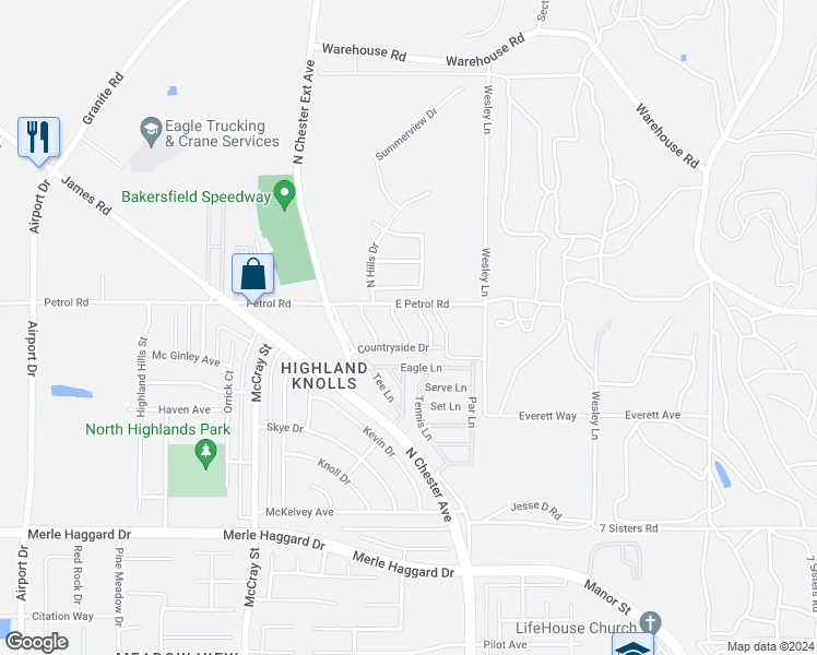map of restaurants, bars, coffee shops, grocery stores, and more near 4836 Putter Lane in Bakersfield