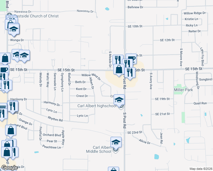 map of restaurants, bars, coffee shops, grocery stores, and more near 9843 Willow Wind Drive in Midwest City