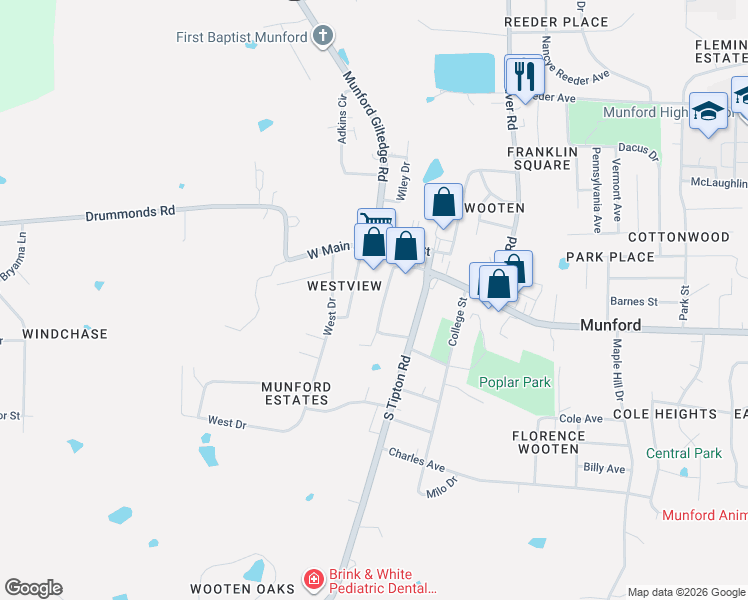 map of restaurants, bars, coffee shops, grocery stores, and more near 27 Crigger Street in Munford