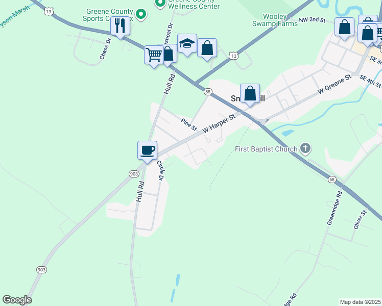 map of restaurants, bars, coffee shops, grocery stores, and more near 505 Welch Street in Snow Hill