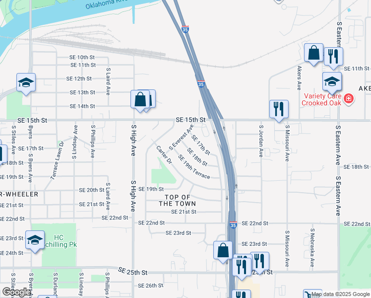 map of restaurants, bars, coffee shops, grocery stores, and more near 1121 Southeast 18th Street in Oklahoma City