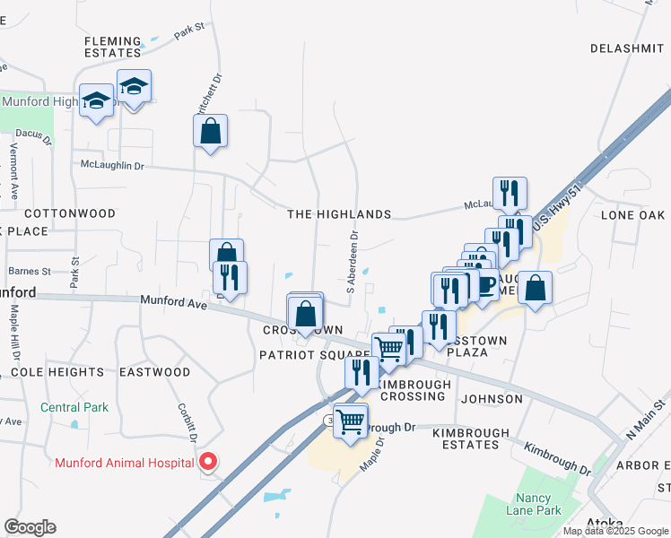 map of restaurants, bars, coffee shops, grocery stores, and more near 34 Dundee Cove in Munford