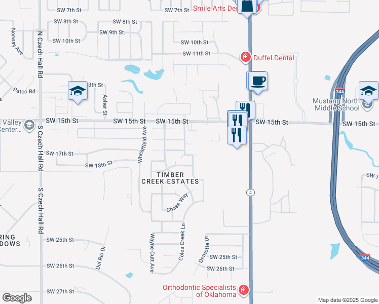 map of restaurants, bars, coffee shops, grocery stores, and more near 11613 Southwest 18th Street in Yukon
