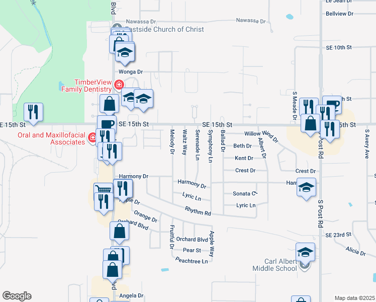 map of restaurants, bars, coffee shops, grocery stores, and more near 1704 Waltz Way in Midwest City