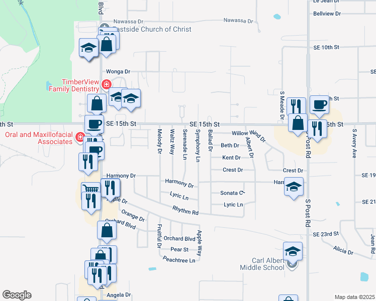 map of restaurants, bars, coffee shops, grocery stores, and more near 1700 Serenade Lane in Midwest City
