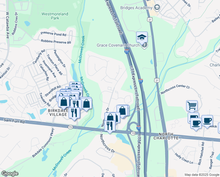 map of restaurants, bars, coffee shops, grocery stores, and more near 17101 Northcross Drive in Cornelius