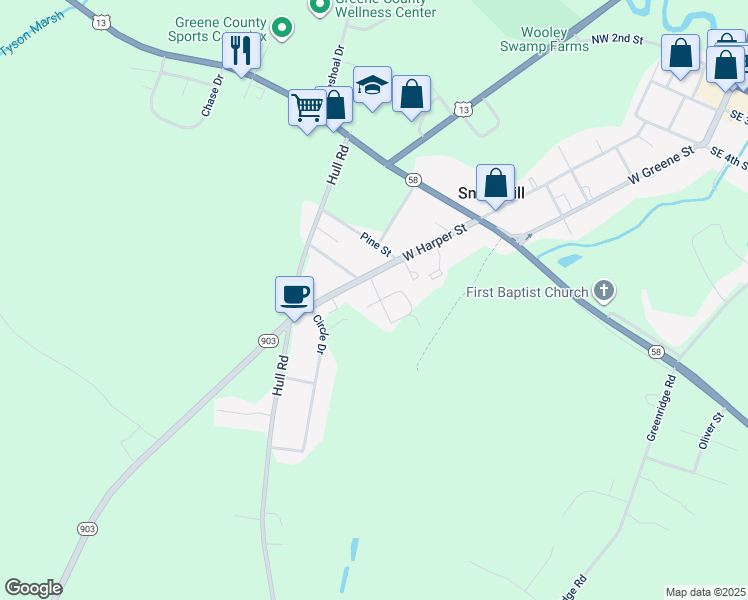 map of restaurants, bars, coffee shops, grocery stores, and more near 105 Hart Street in Snow Hill