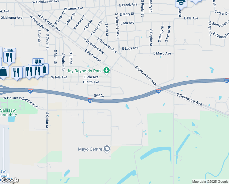 map of restaurants, bars, coffee shops, grocery stores, and more near 5 East Interstate Circle in Sallisaw