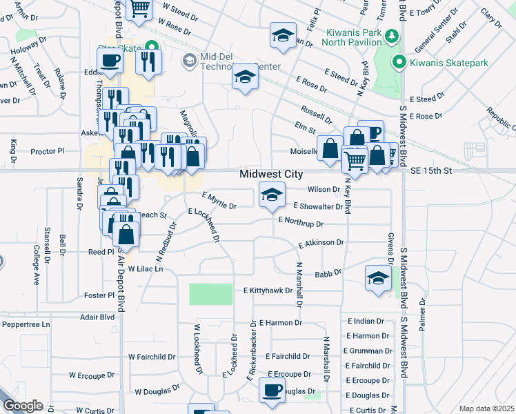 map of restaurants, bars, coffee shops, grocery stores, and more near 1100 North Myrtle Lane in Midwest City