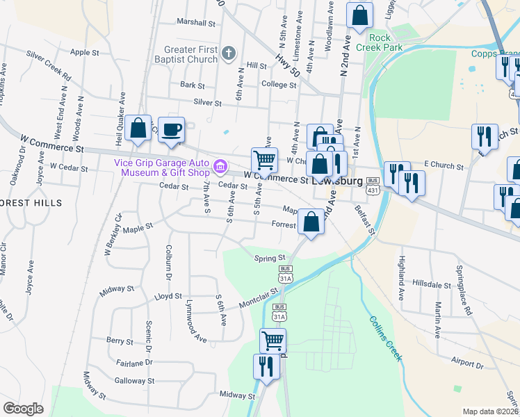 map of restaurants, bars, coffee shops, grocery stores, and more near 426 Maple Street in Lewisburg