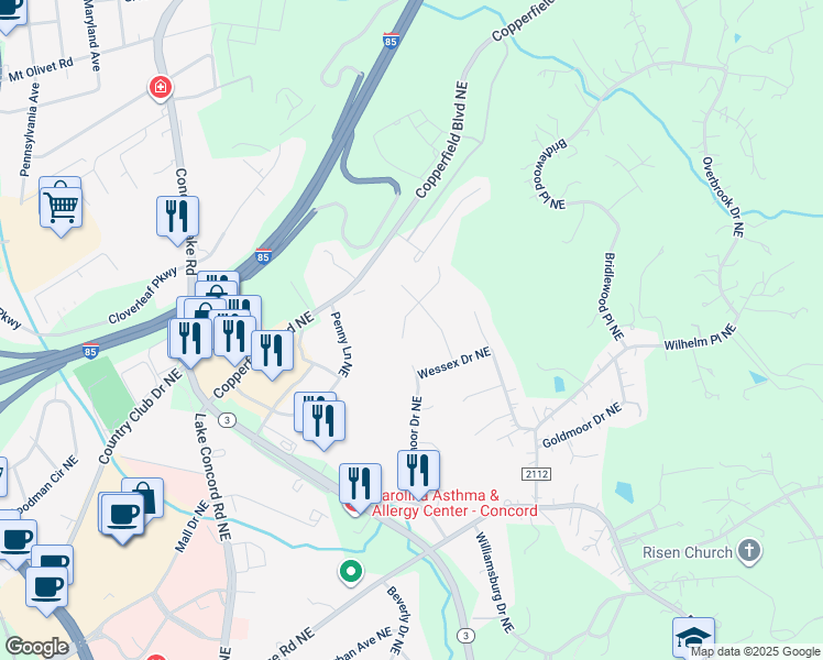 map of restaurants, bars, coffee shops, grocery stores, and more near 817 Waverly Court Northeast in Concord