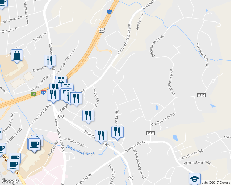 map of restaurants, bars, coffee shops, grocery stores, and more near 817 Waverly Court Northeast in Concord