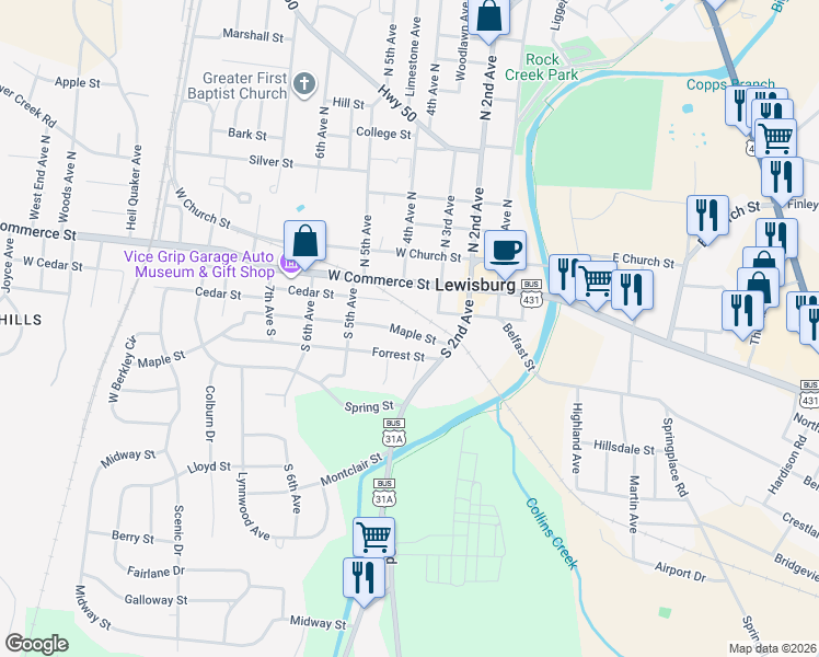 map of restaurants, bars, coffee shops, grocery stores, and more near 326 Maple Street in Lewisburg