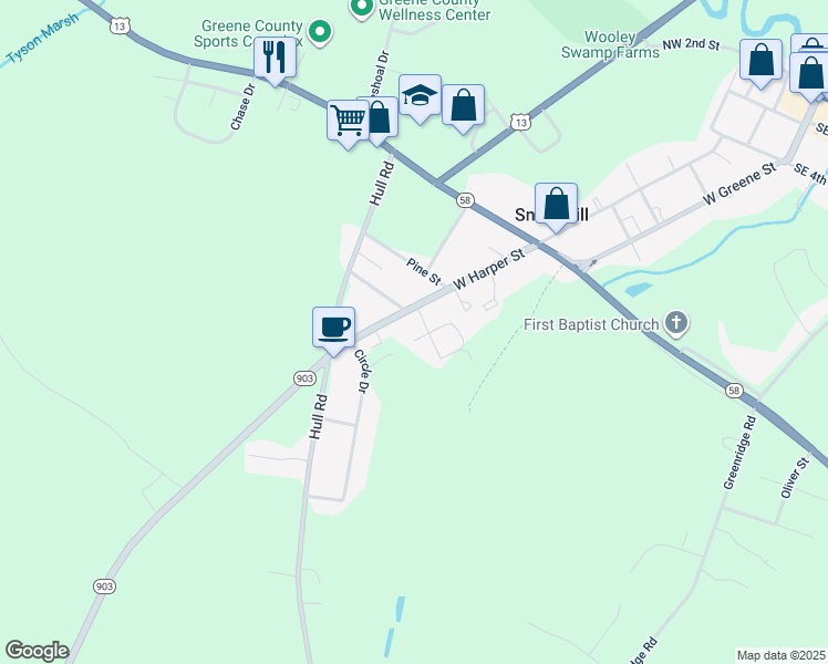 map of restaurants, bars, coffee shops, grocery stores, and more near 803 Welch Street in Snow Hill