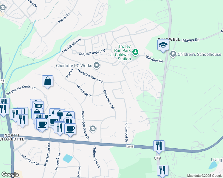 map of restaurants, bars, coffee shops, grocery stores, and more near 17313 Knoxwood Drive in Huntersville