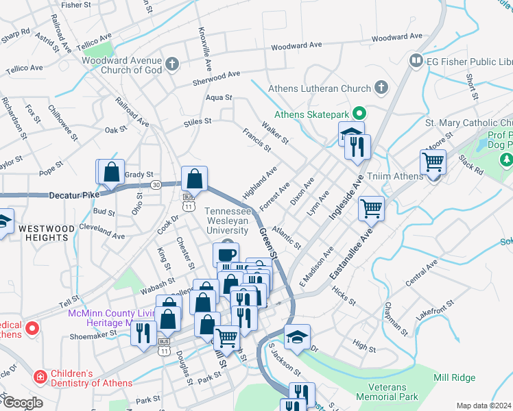 map of restaurants, bars, coffee shops, grocery stores, and more near 102 Forrest Ave in Athens